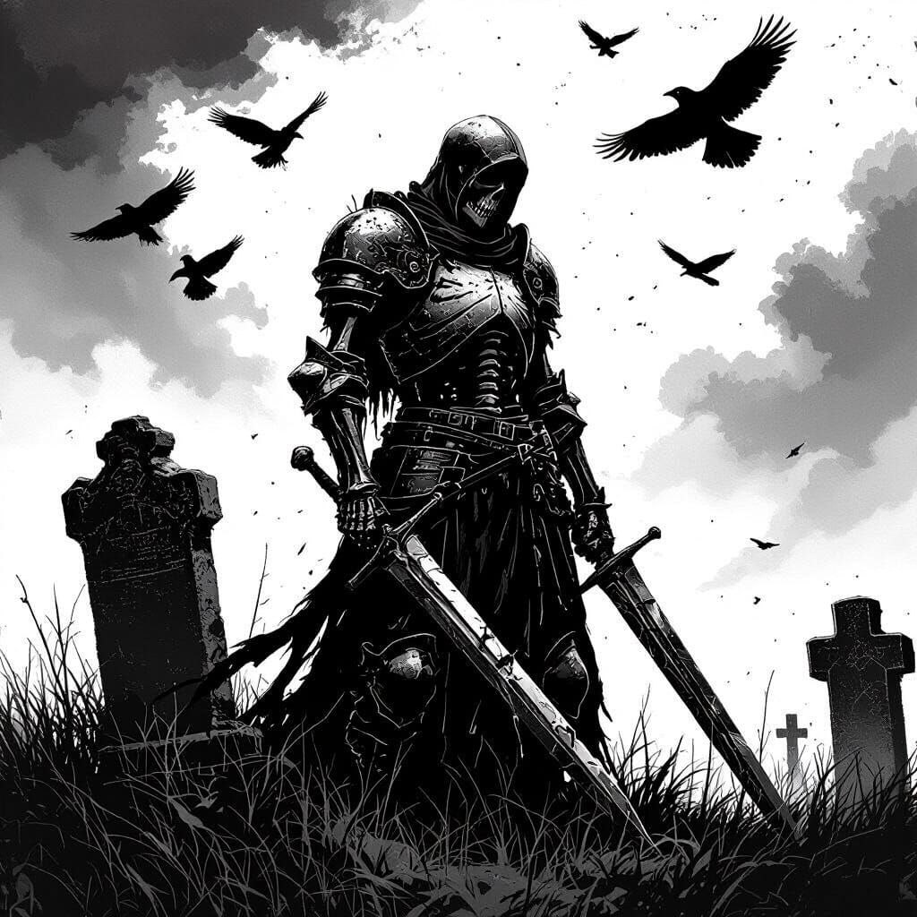 Skeletal Knight Guarding Graveyard in Gritty Black and White
