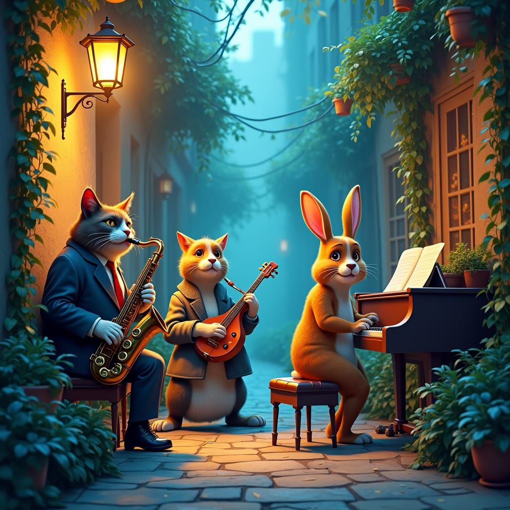 Jazz Pets in Mystical Alleyway, Matte Painting