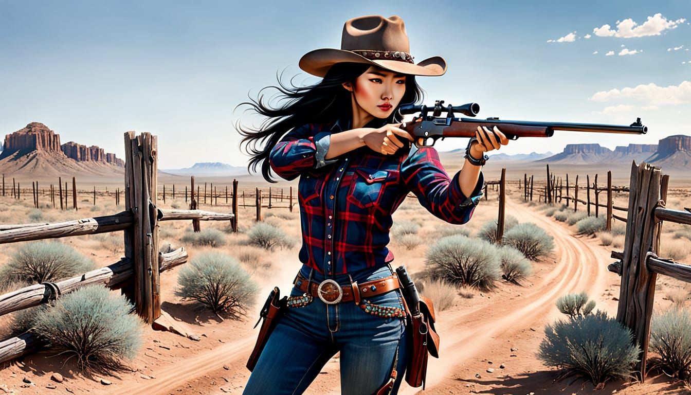 Japanese Cowgirl Hunts Coyotes in Vibrant Western Landscape