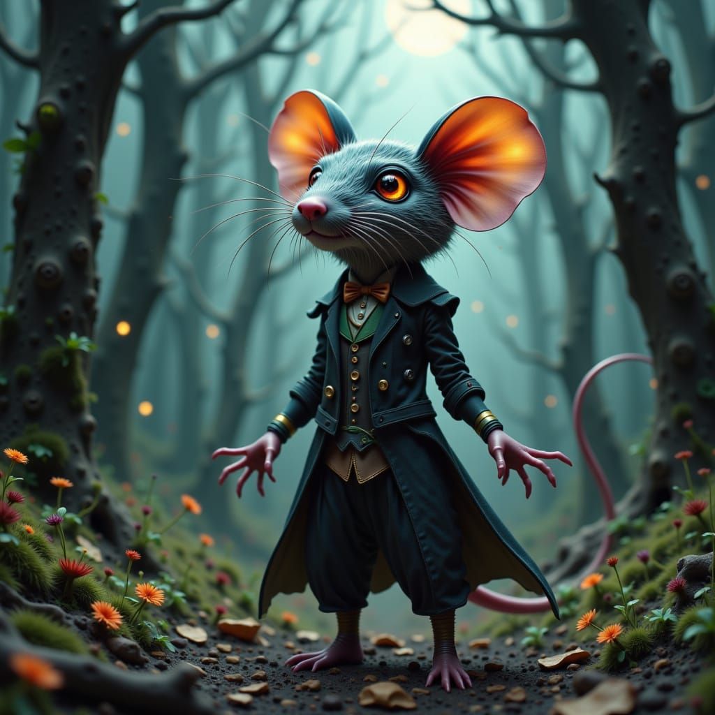 Mouse-Rat in Moonlit Forest: A Whimsical Dark Fantasy