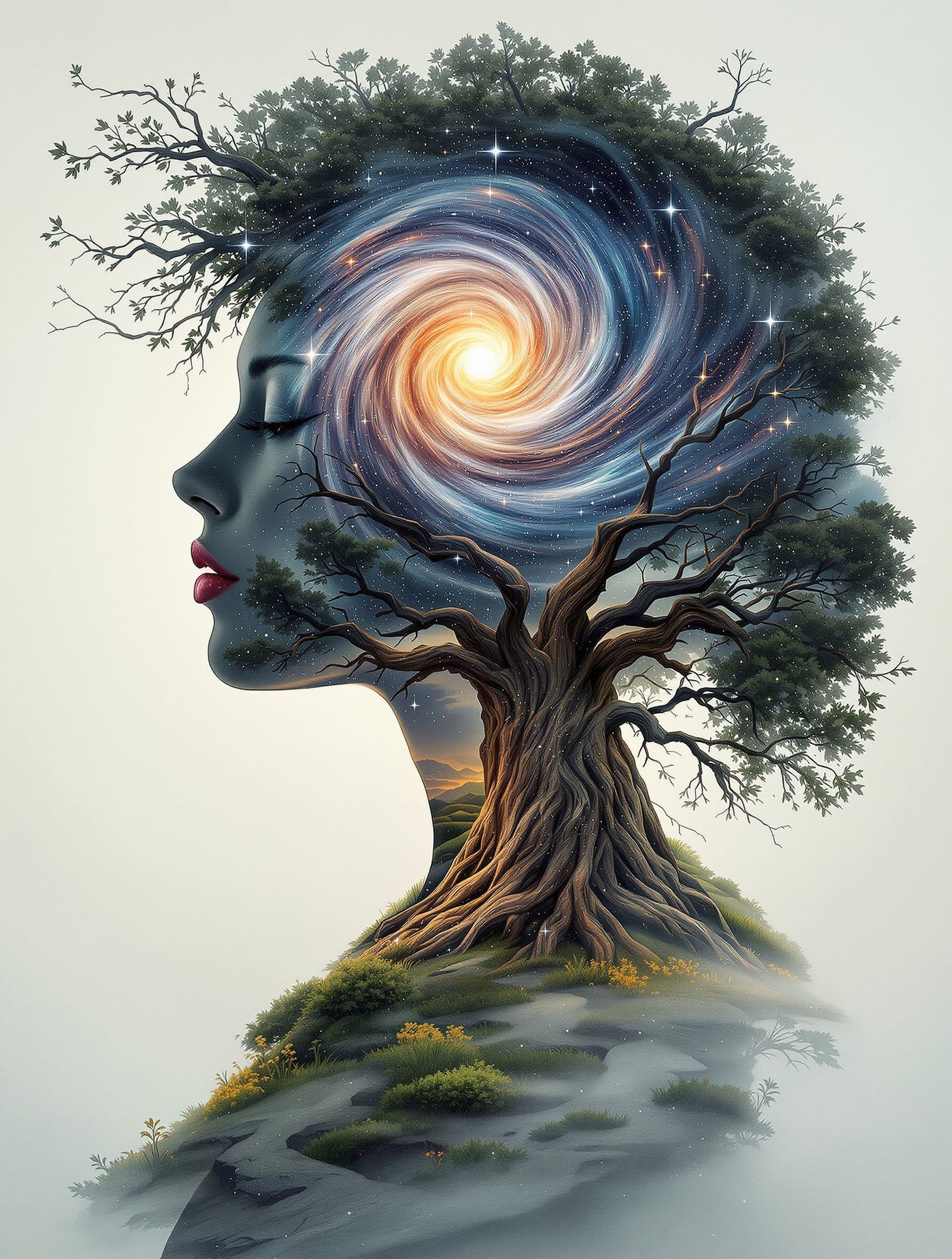 Woman Silhouette with Galaxy and Landscape in Digital Painti...