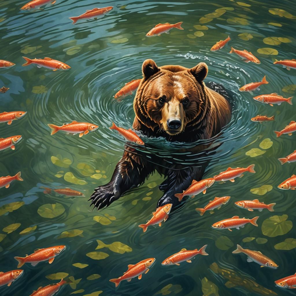 Bear Surrounded by Salmon: Wildlife Illustration