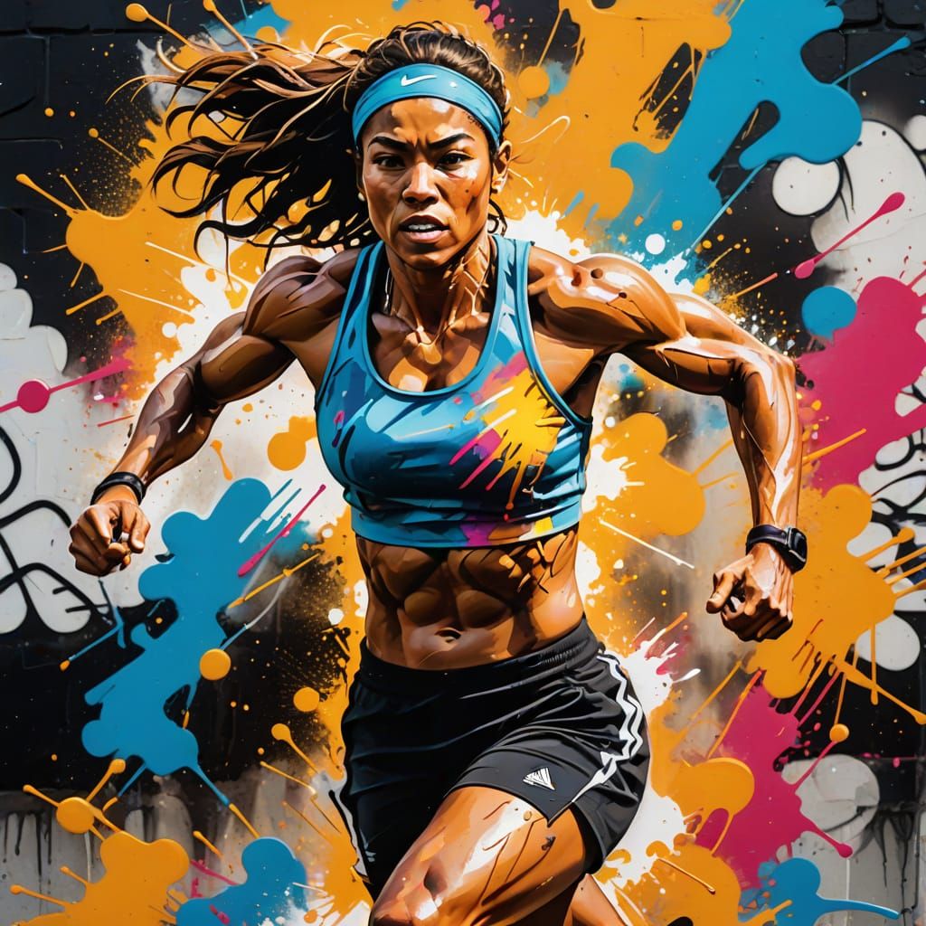 Muscular Athlete Running in Graffiti Art Style