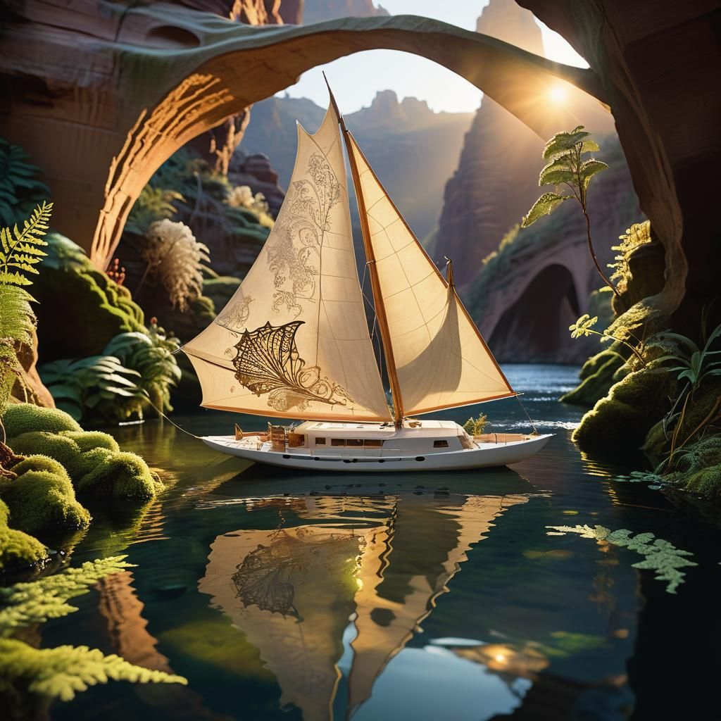 Intricate Catamaran Sails Through Serene Canyon River