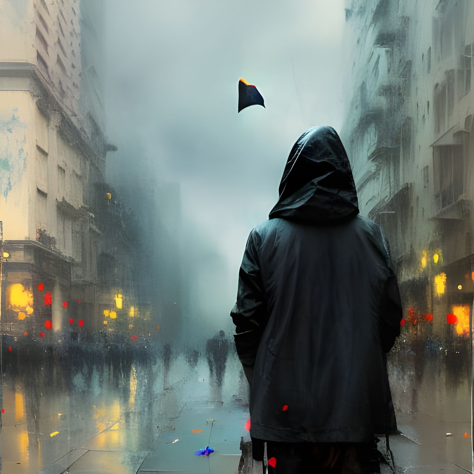 Dark Ghost in City with Rainbow Umbrella