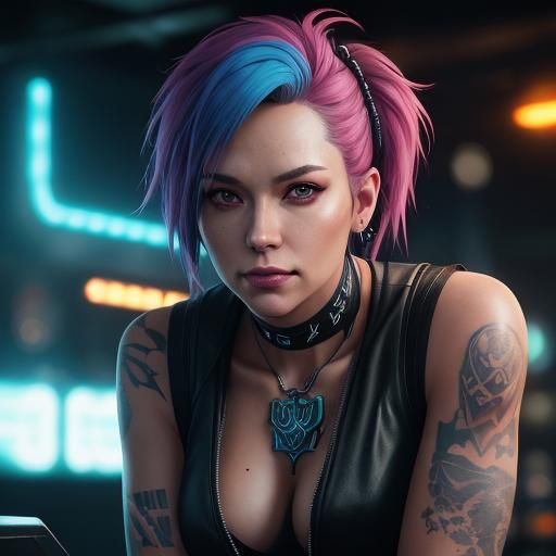 Cyberpunk Tattooed Woman in Neon Bar, Digital Art