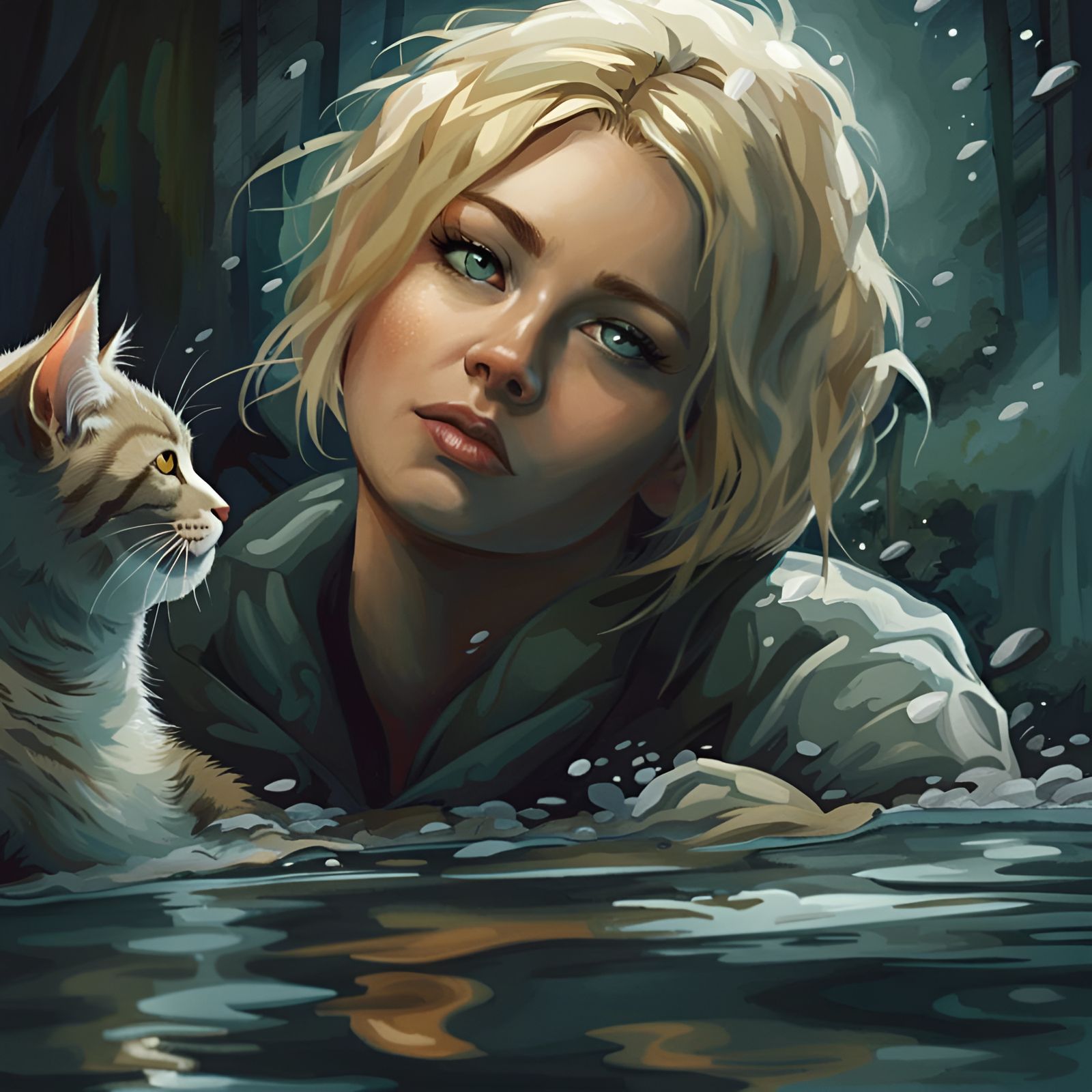 Sad Woman Rescues Cat: Comic Style Portrait