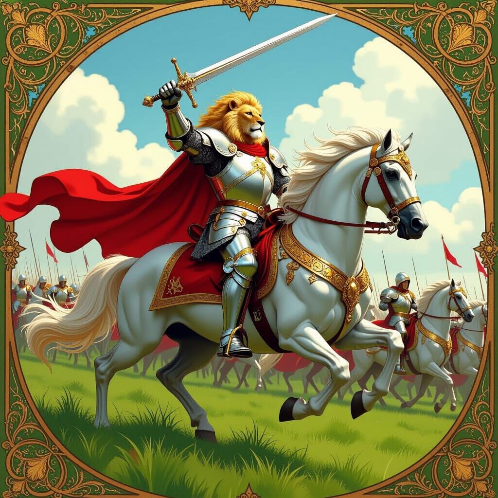 Lion Knight Leading Charge in Vibrant Maximalist Style