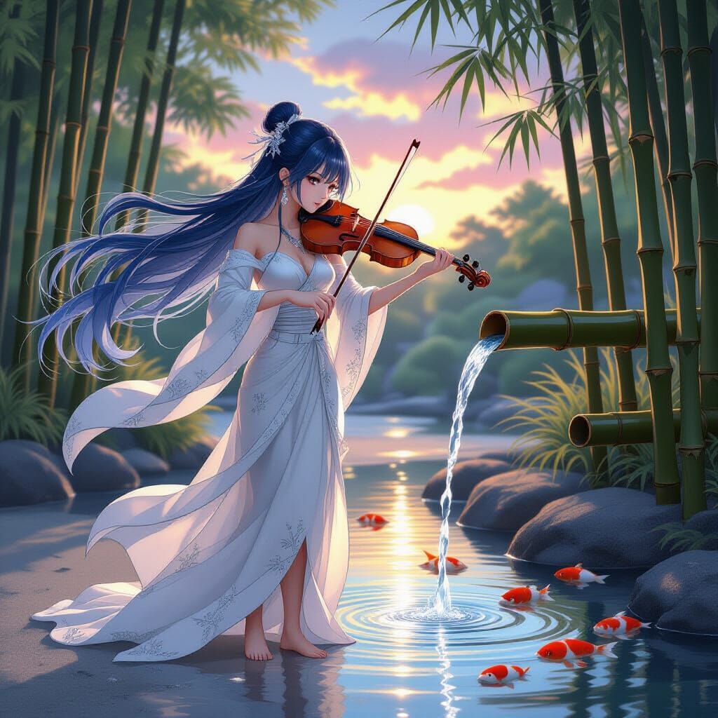 Zen Garden with Bamboo Fountain and Koi Pond