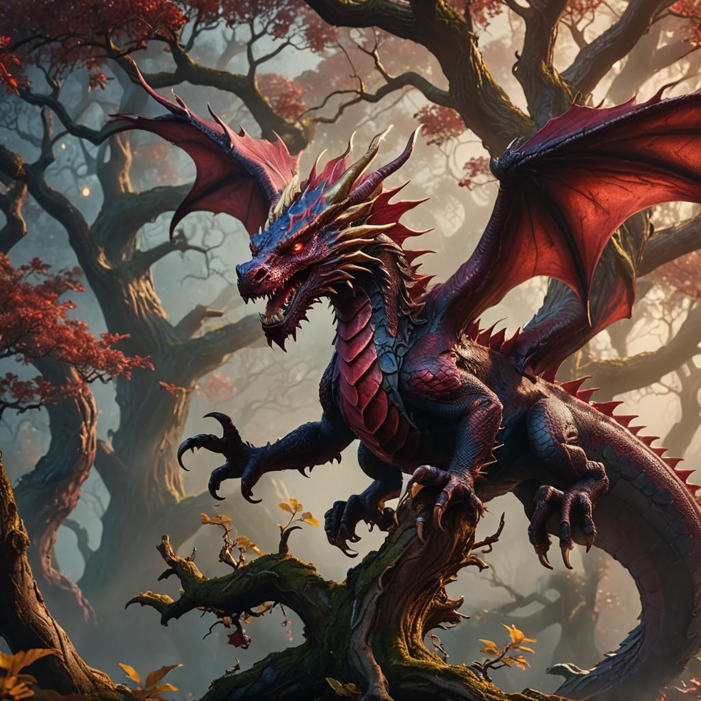 Ruby Dragon on Mystical Tree: Fantasy Matte Painting