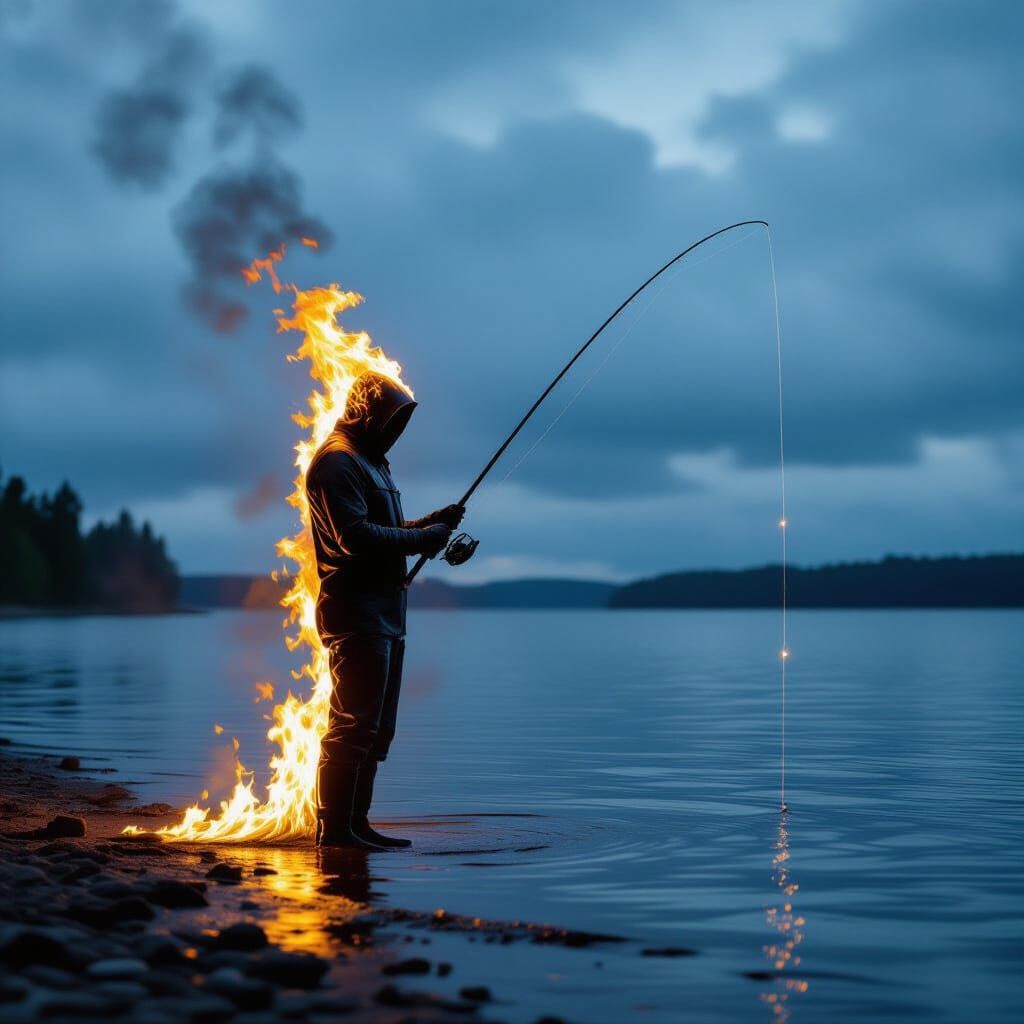 Fiery Figure Fishing on Gloomy Lake Shore in Cinematic Style