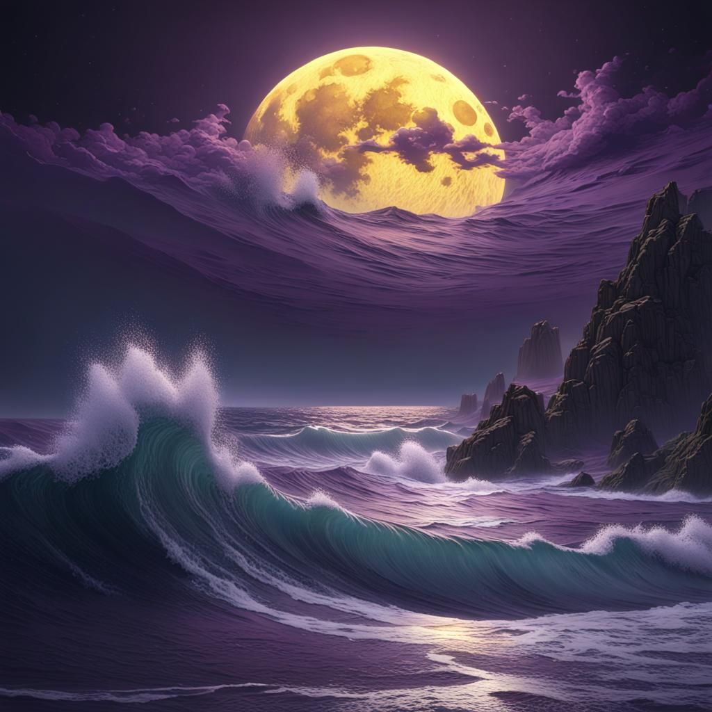 Moonlit Ocean Waves in Dark Fantasy Style