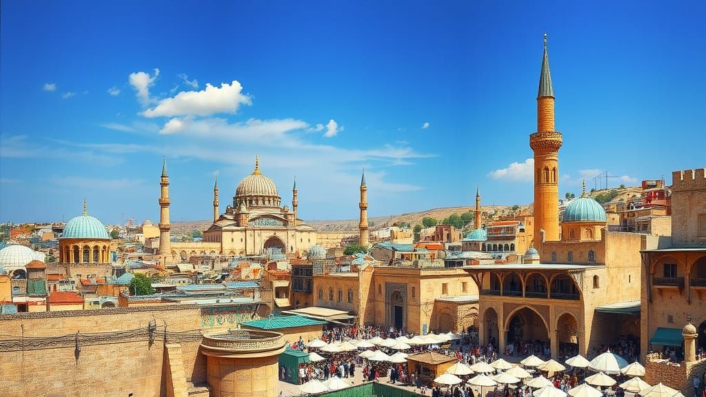 Vibrant Medieval Damascus Cityscape in Persian Miniature Sty...