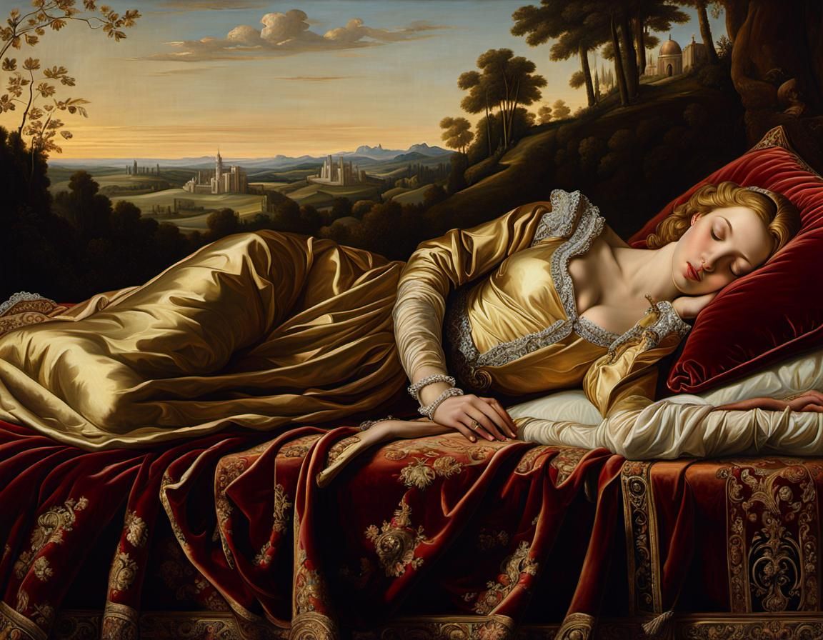 Serene Renaissance Reclining Female Figure in a Velvet Lands...