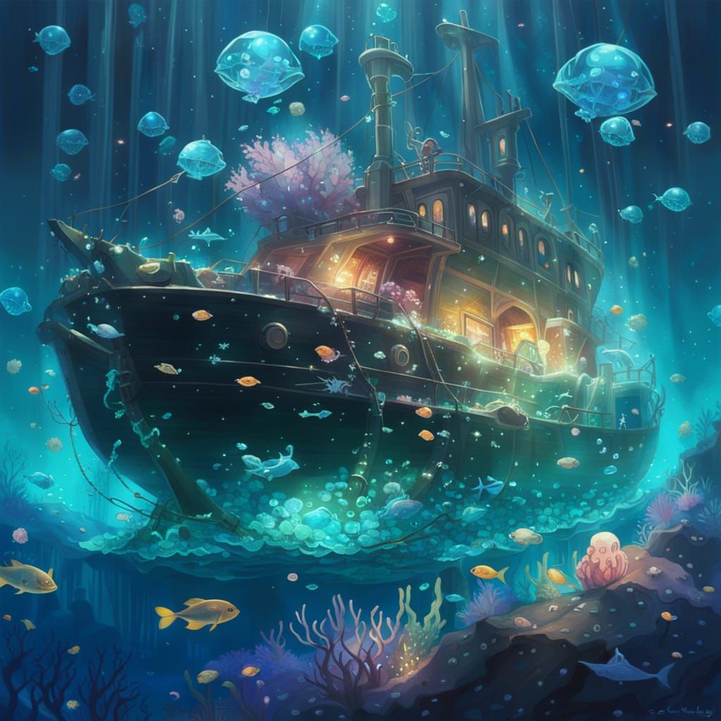 Crystal Shipwreck in Bioluminescent Ocean