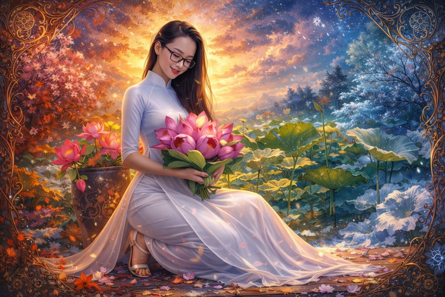 Elegant Portrait with Seasonal Elements in Dynamic Lighting