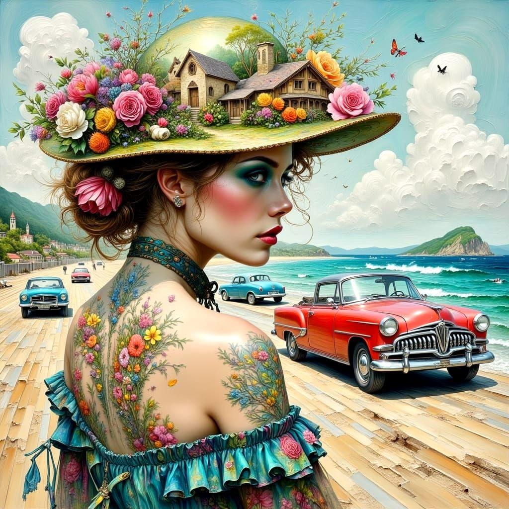 Stylish Lady with Village Hat at Vintage Car Race