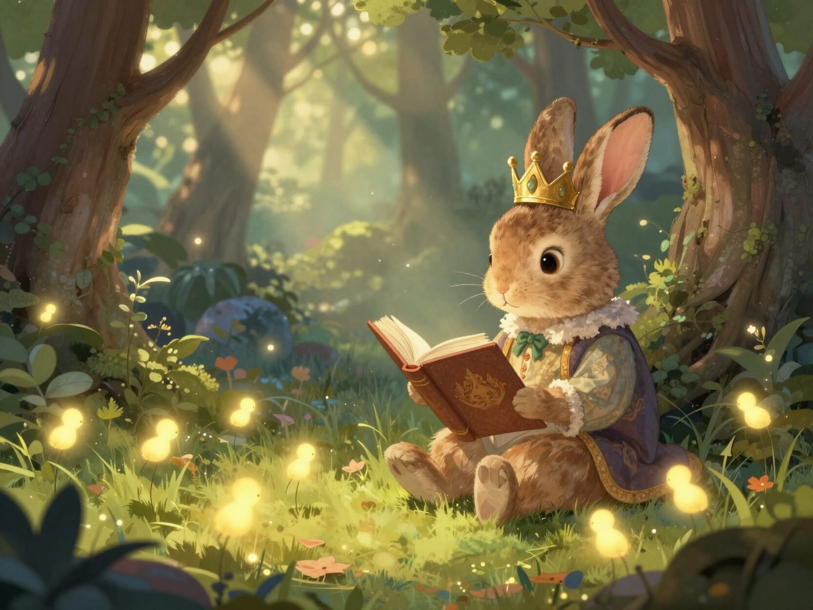 Whimsical Rabbit King Reads to Fireflies in Enchanted Glade