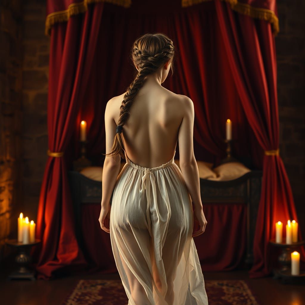 Medieval Maiden in Velvet Nightgown, Caught in Candlelight