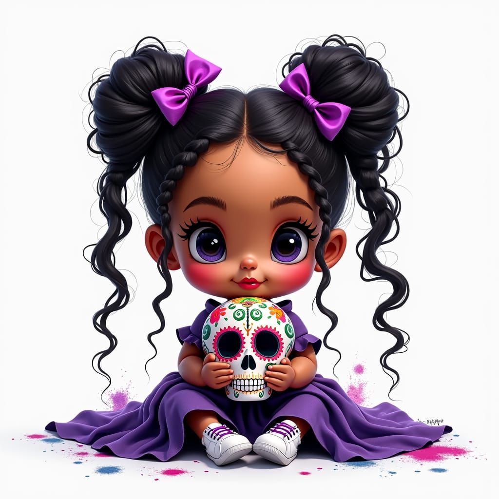 Latina Chibi Girl with Skull in Airbrush Oil Painting