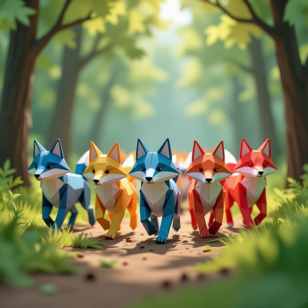 Origami Wolves and Foxes in Forest Papercraft Style
