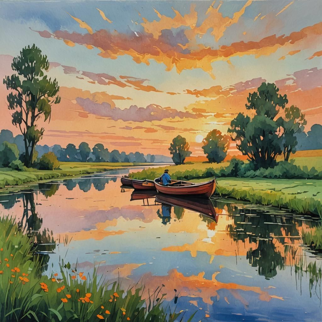 Riverside Boat Reflection: Gouache Impressionist Masterpiece