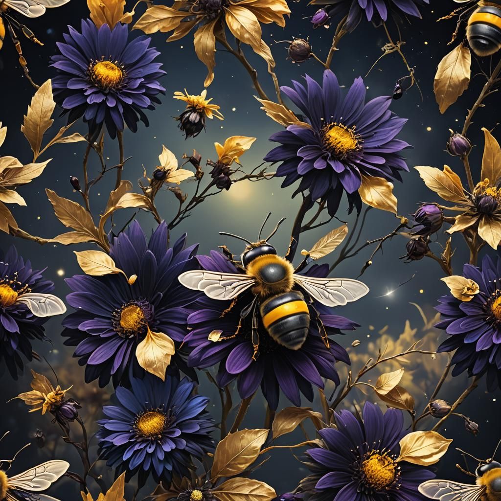 Mystical Moonlit Garden: Bee on Black Flower