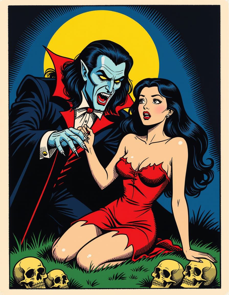 Vampire Reaching for Woman in Comic Book Style