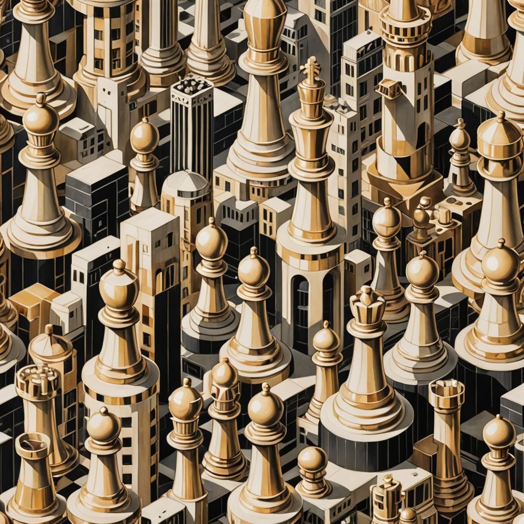 Art Deco Cityscape with Chess Piece Buildings