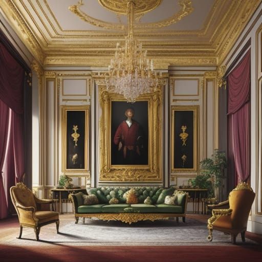 Lavish Baroque Interior with Golden Accents and Lush Greener...