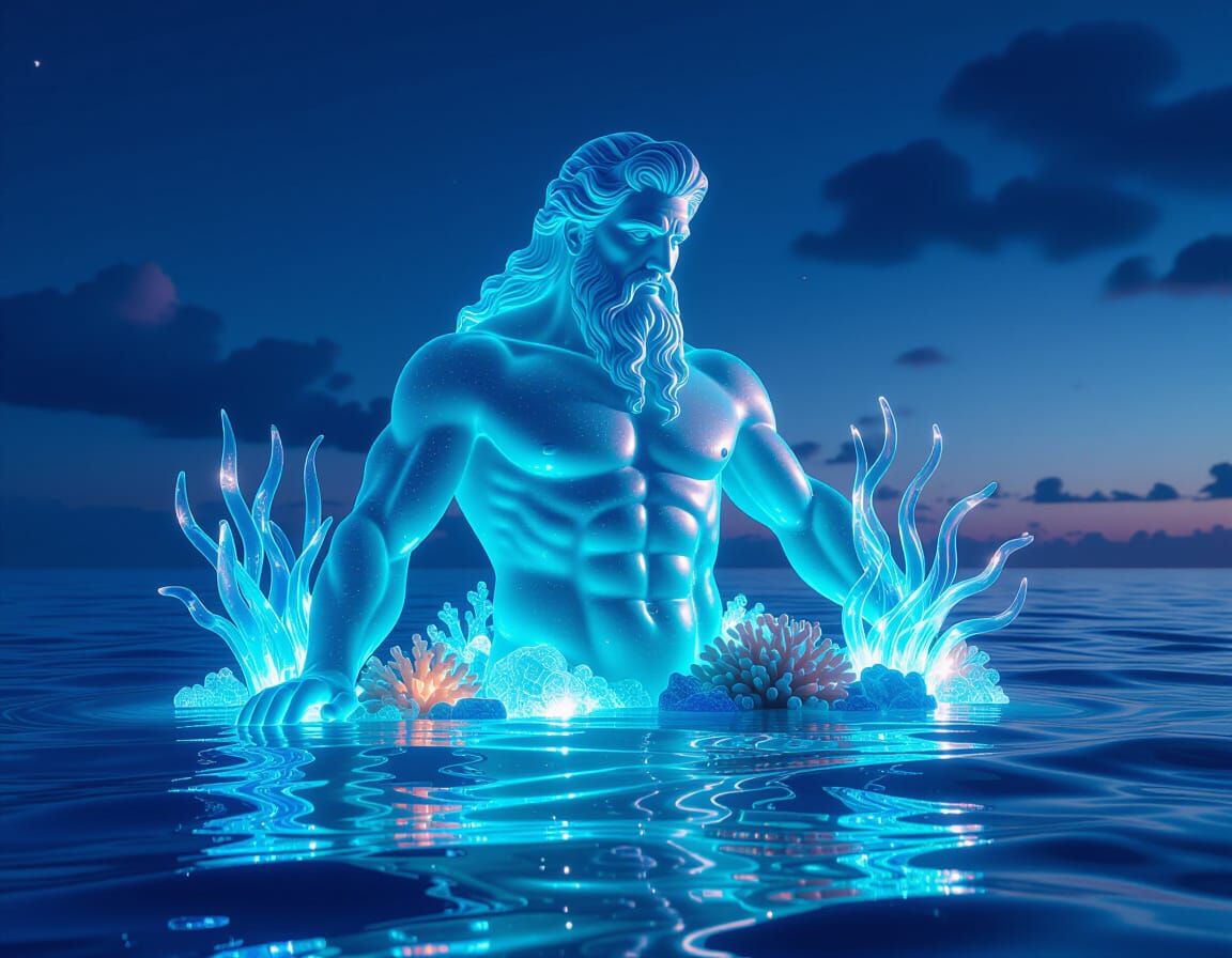 Colossal Poseidon Sea Glass Sculpture in Luminous Ocean