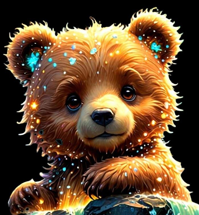 Chibi Bear Constellation over Bioluminescent Waterfall
