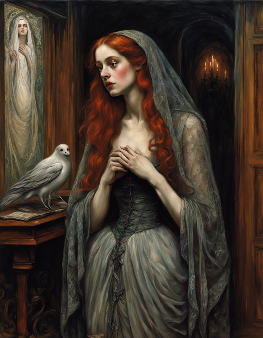 Ethereal Ghost in Decaying Mansion, Pre-Raphaelite Style