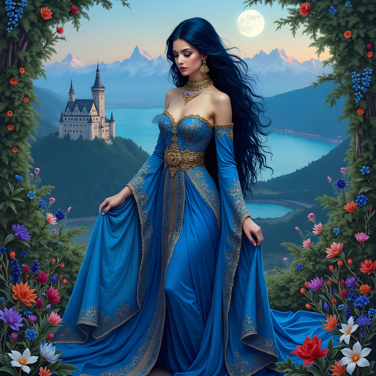 Elegant Art Deco Goddess in Blue and Gold Robes with Vibrant...