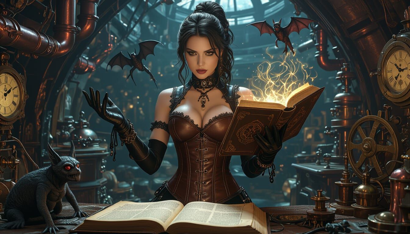 Steampunk Sorceress Casting Spells in Dimly Lit Lair