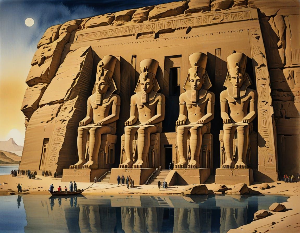 Abu Simbel Temple: Romantic Watercolour in Turner Style