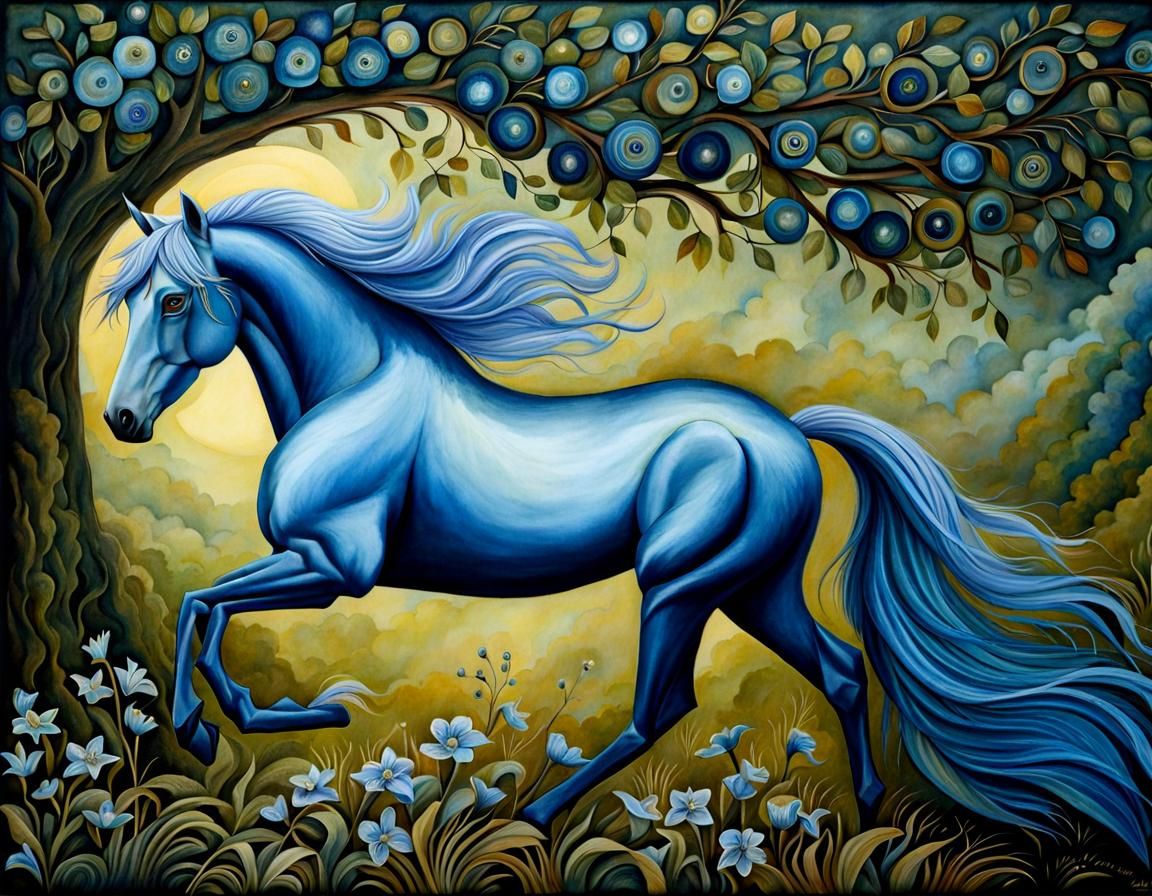 Blue Horse in Fantasy Art Style