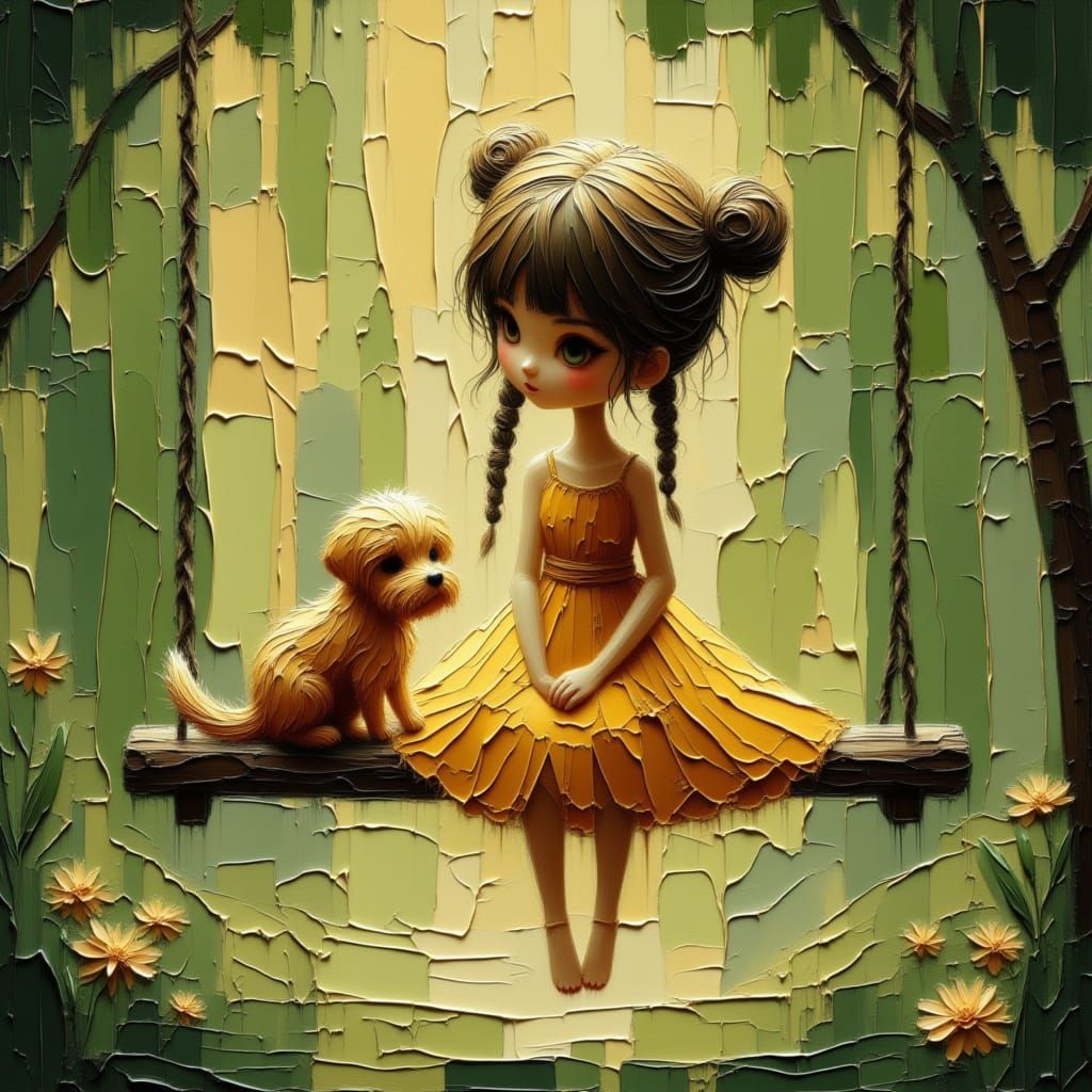Girl and Puppy on Garden Swing