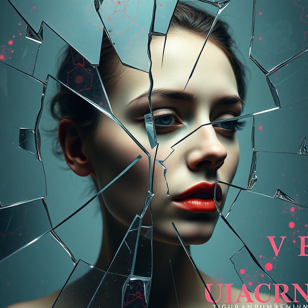 animated image of a woman with a face in a broken mirror, surreal digital ...