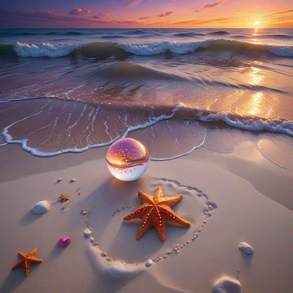 Surreal Beach Scene with Glowing Starfish and Ethereal Sky