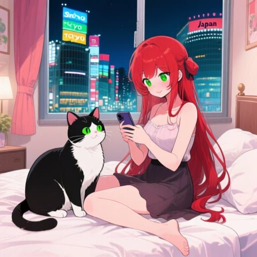 Japanese Woman with Cat in Shibuya Bedroom Anime Style
