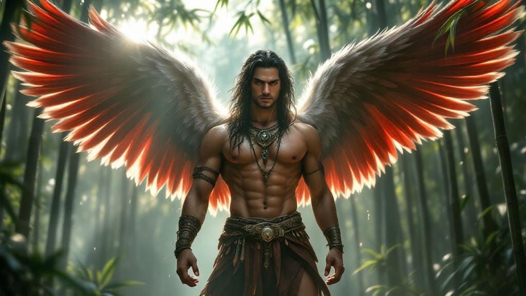 Warrior Angel in Misty Bamboo Forest: Renaissance Style