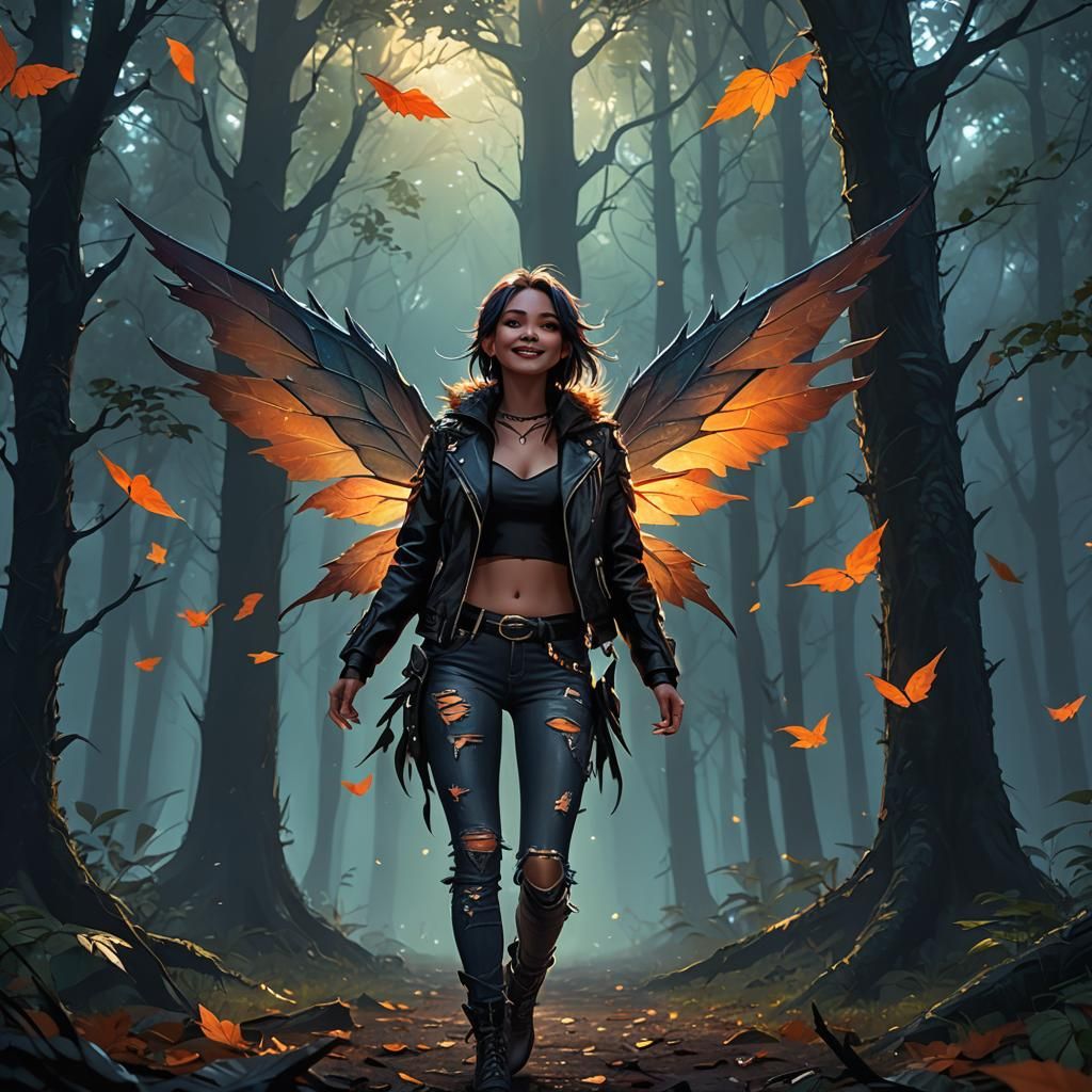 Mischievous Fairy with Leaf Wings in Dark Fantasy Style