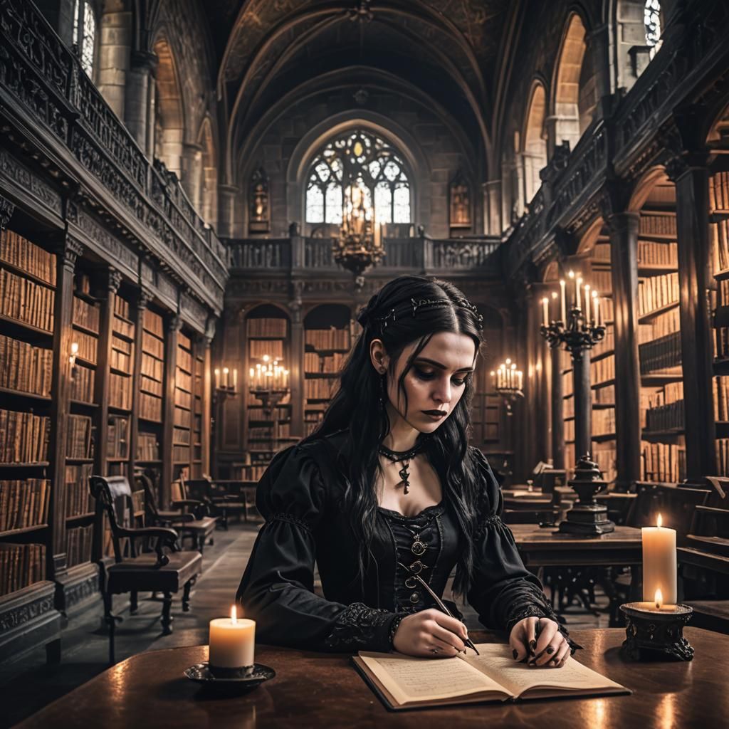 Gothic Girl in Castle Library, Hyperrealistic Image