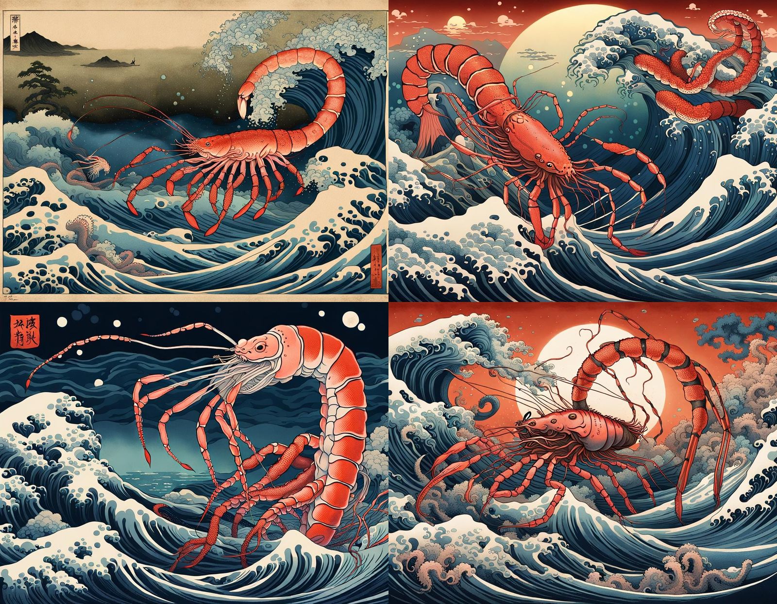 Giant Prawn vs Octopus Battle in Ukiyo-e Style