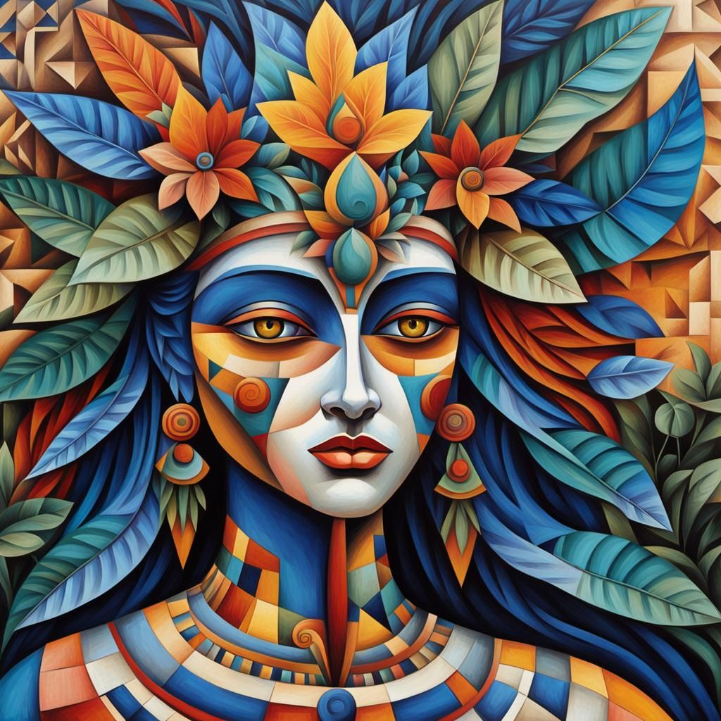 Geometric Portrait of Woman in Cubist Style