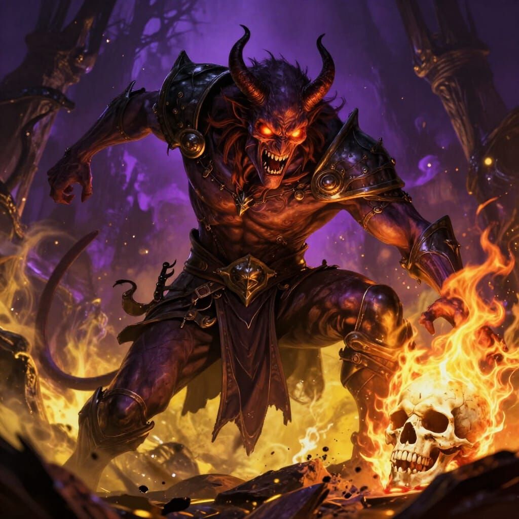 Demon Strikes Paladin with Flaming Skull in Dark Fantasy Sty...
