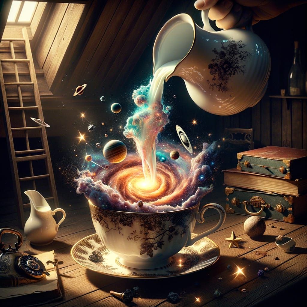 Magical Attic Teacup Overflowing with a Nebula Vortex