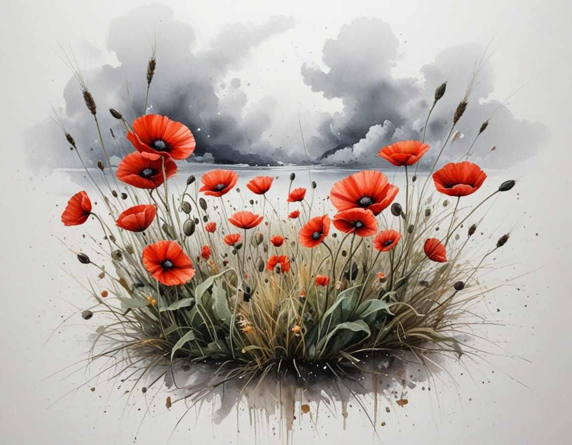 Vibrant Red Poppies Under Stormy Sky, Painterly Realism