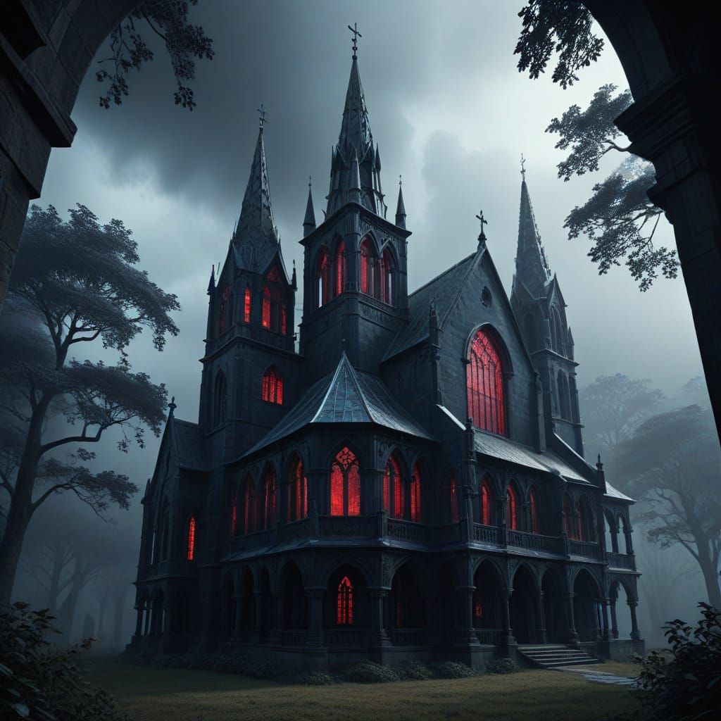 Gothic Wooden Church with Intricate Fractals and Dark Mystic...